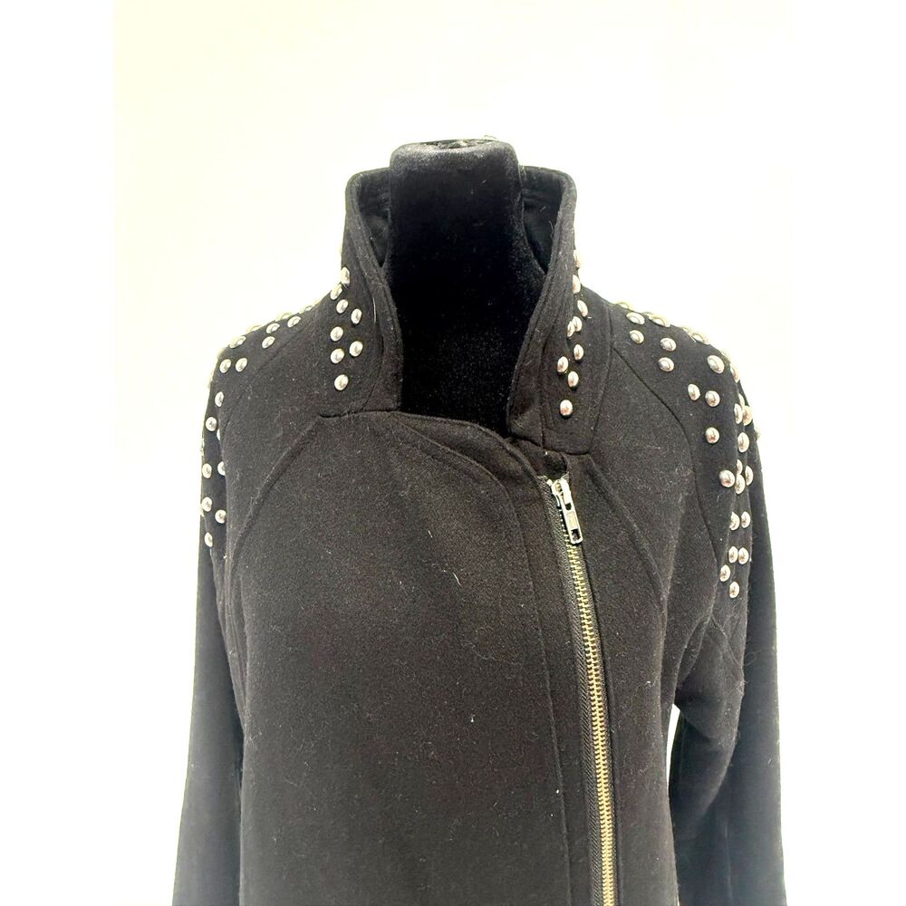 H&M black wool studded shoulder long moto jacket - Picture 2 of 10
